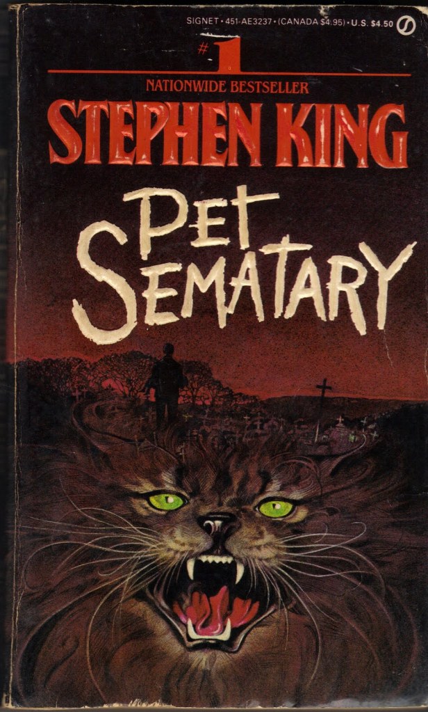 Pet Sematary Book Cover Image of a cat, man and graveyard