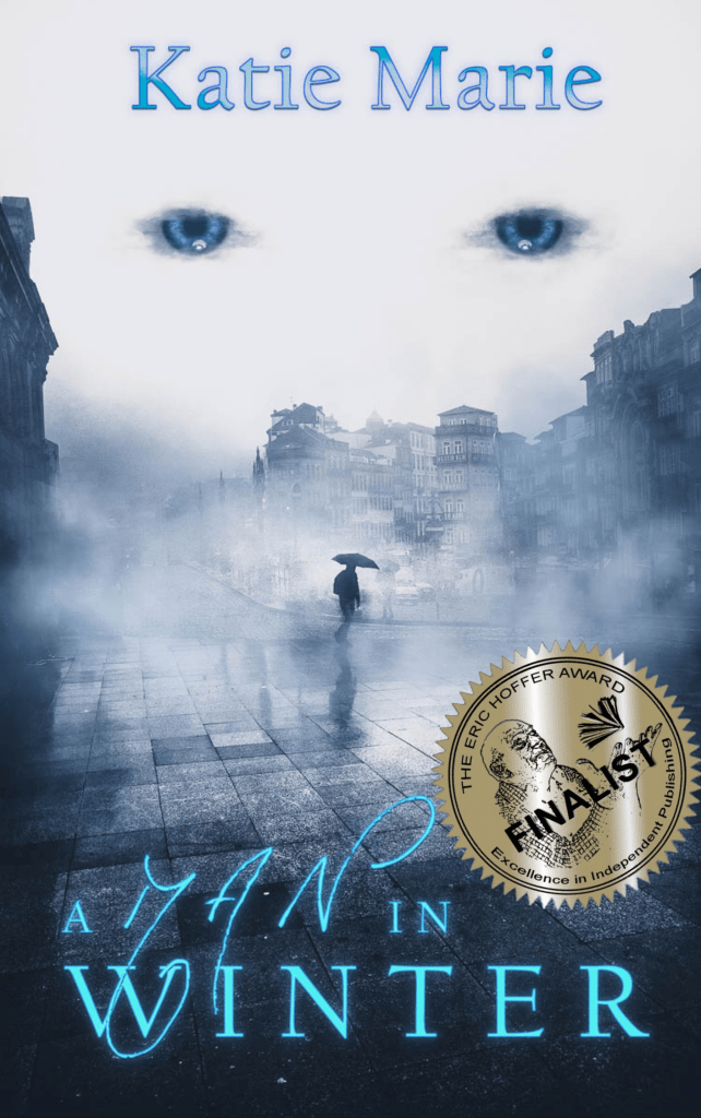 A Man in Winter Book cover, man walking through rainy street with umbrella, eyes watching from the sky