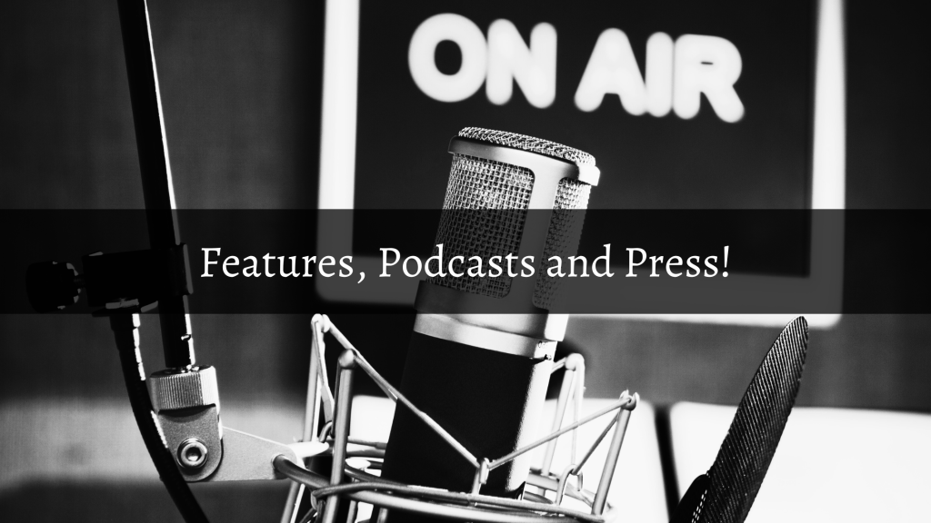 Text: Features, Podcast and Press image: microphone