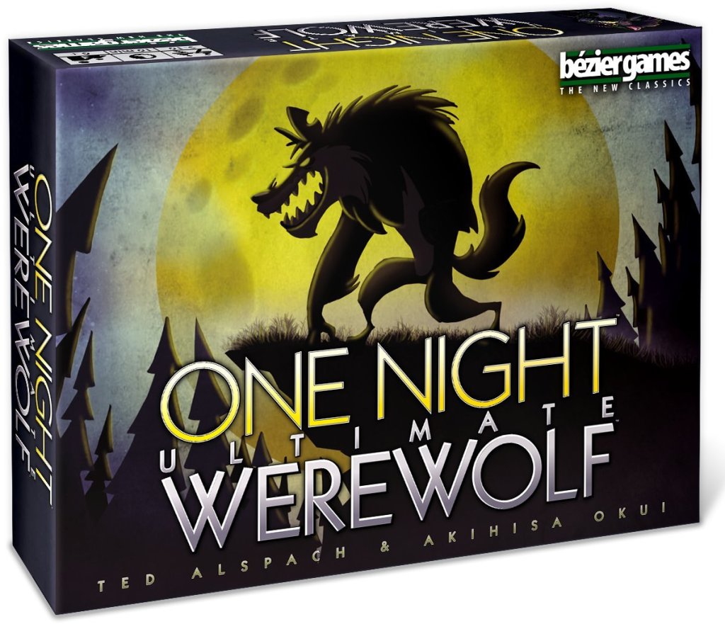 One night ultimate werewolf game box cartoon werewolf above game title.