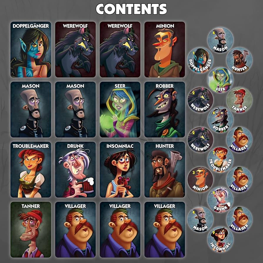 One night ultimate werewolf game contents, character cards and tokens.