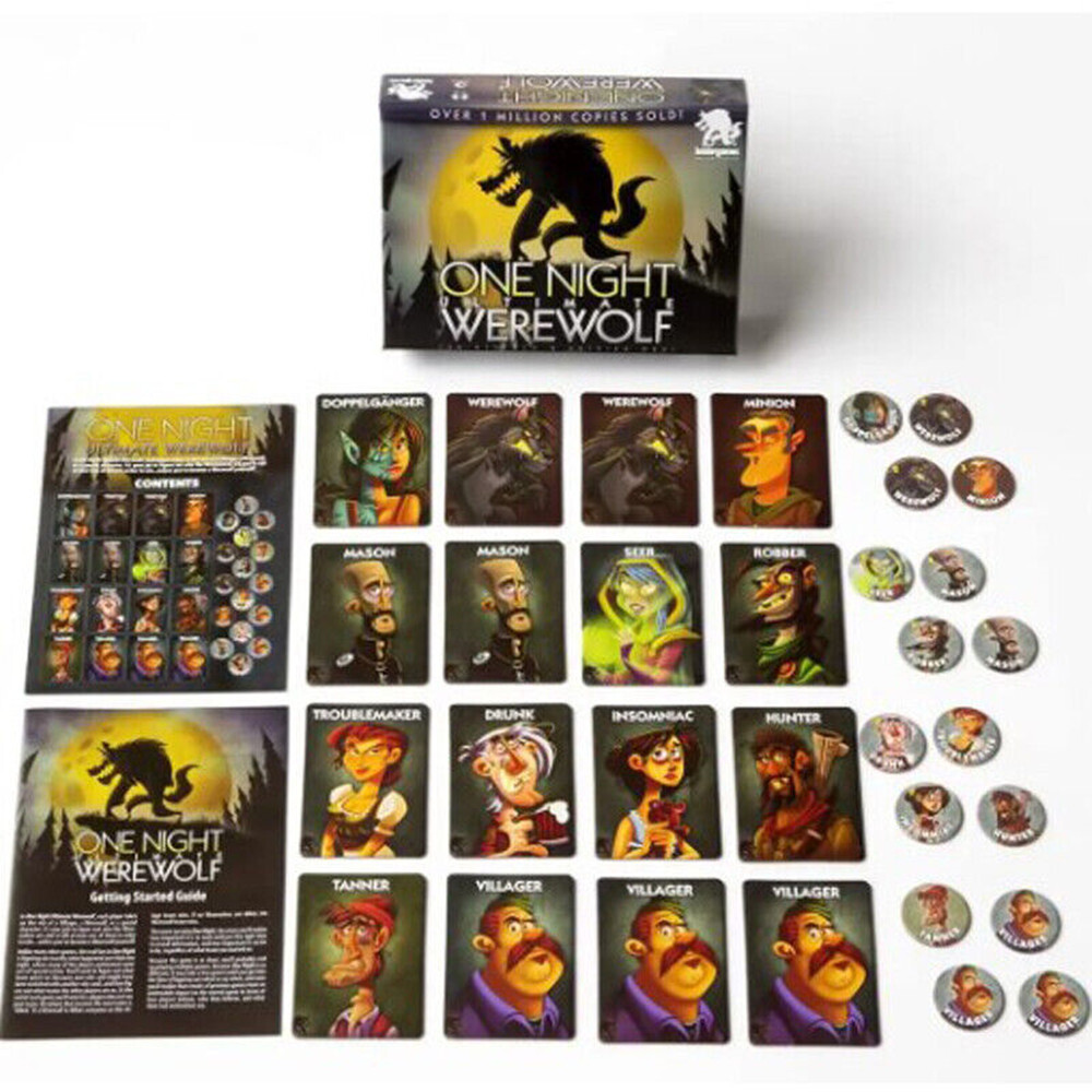 One night ultimate werewolf game box and contents laid out