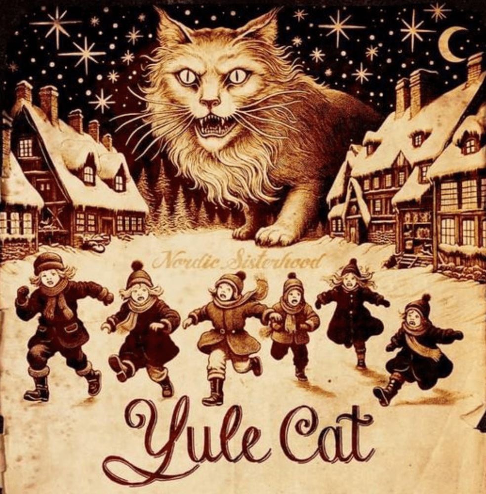 The Yule cat towers over houses while six children run in fear. 