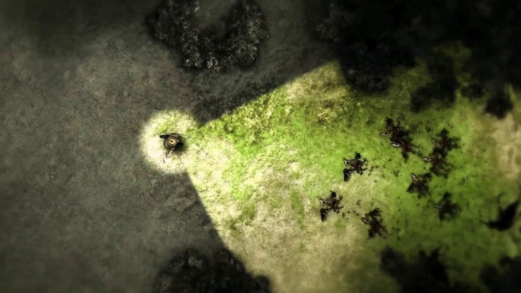 Screenshot from the game, above looking down view of landscape, showing character using a light source to identify enemies 