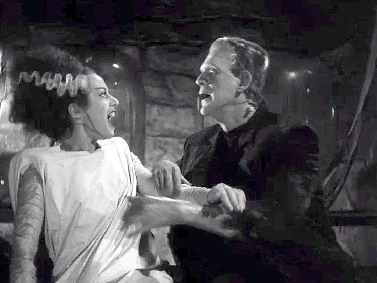 A black-and-white scene from a classic film showing the Bride of Frankenstein recoiling in fear as Frankenstein’s monster reaches toward her. She wears a long white gown with her iconic tall, frizzed hair streaked with lightning-bolt-like white lines. The monster, in dark clothing, leans forward, his face filled with anguish and desperation. The laboratory background is dimly lit, creating a tense, gothic atmosphere.