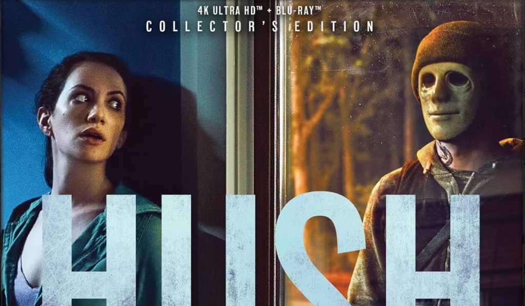 Collector’s edition cover for the film “Hush.” On the left, a woman stands inside a dimly lit house, looking fearfully out a window. On the right, a masked man wearing a hoodie and beanie stares in from outside, illuminated by the warm glow of the forest behind him. Large white text across the bottom spells out “HUSH.”