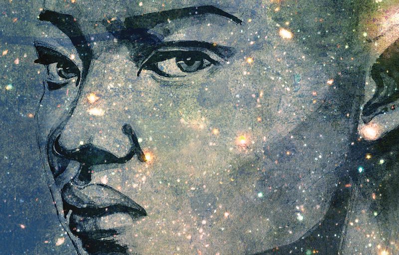 A close-up illustration of a person’s face overlaid with a star-filled cosmic texture. The person’s expression is calm and contemplative, their gaze directed slightly to the side. Their features—eyes, nose, and lips—are drawn in fine, dark lines, blending seamlessly with the galaxy of bright stars and nebula-like colours that cover their skin. The overall effect merges portraiture with the vastness of space, creating a sense of identity intertwined with the universe.