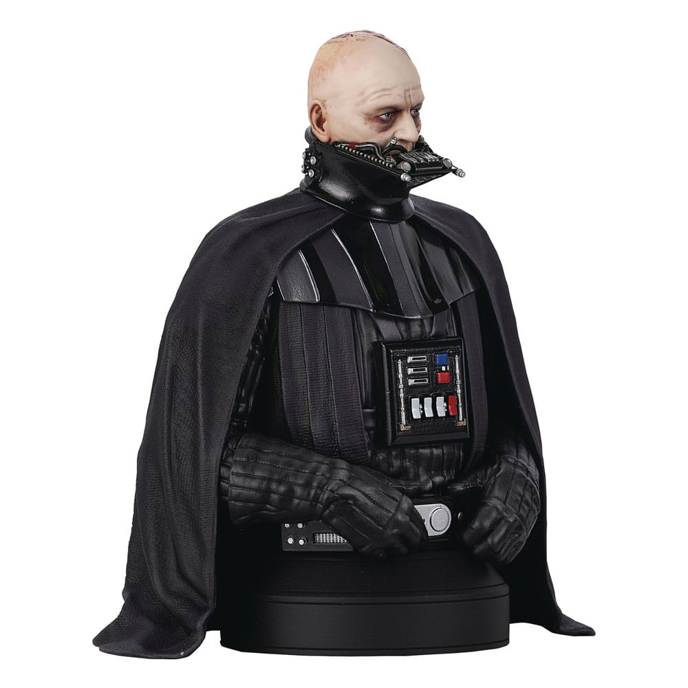 A bust depicting Darth Vader from Star Wars: a bald, pale man in a black armored suit and cape, with his helmet partially removed to reveal a scarred head and a mechanical breathing apparatus. His chest panel displays red, blue, and silver control buttons and lights.