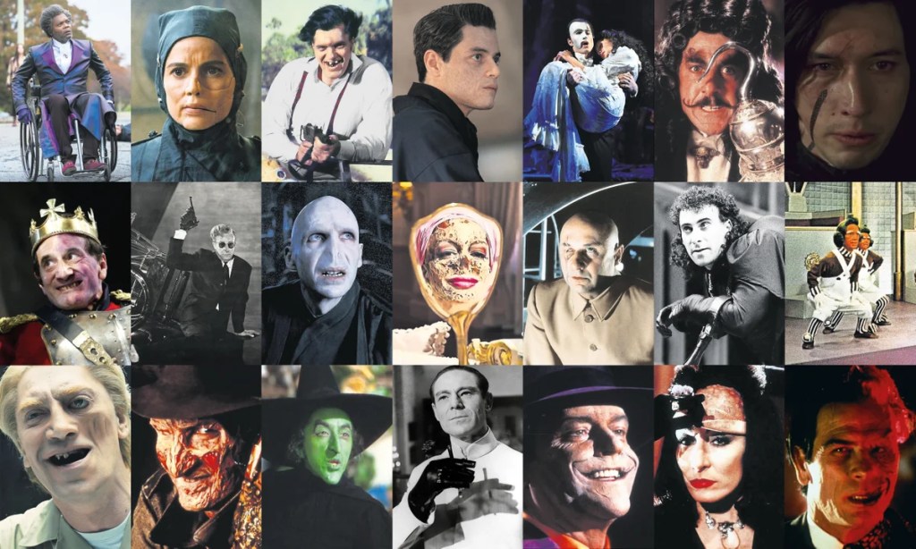 A collage of twenty film and stage villains arranged in four rows of five. Each square shows a different fictional antagonist with exaggerated or stylised features, costumes, or makeup