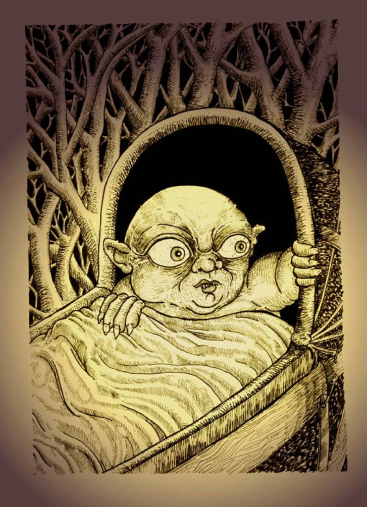 A sepia-toned drawing of a grotesque baby-like creature in a cradle. The creature has large bulging eyes, pointed ears, and clawed fingers gripping the blanket. Bare tree branches surround the cradle, adding a dark, eerie atmosphere. The image evokes the myth of a changeling child.