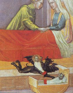 A medieval painting depicting a couple beside a bed. Below them, a demon-like creature with wings and clawed feet lies in a cradle, while a human baby lies nearby. The image represents the folklore of a changeling, a demon or fairy child swapped for a human infant.