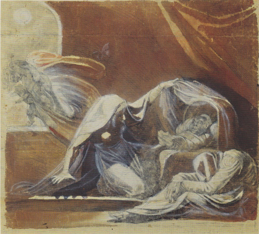 An 18th-century painting showing a woman lifting a veil over a cradle to reveal a strange, aged-looking baby with an unsettling face. Another woman lies collapsed beside her. In the background, a faint ghostly figure appears to be carrying away a small child. The scene illustrates the supernatural exchange of a human baby for a changeling.