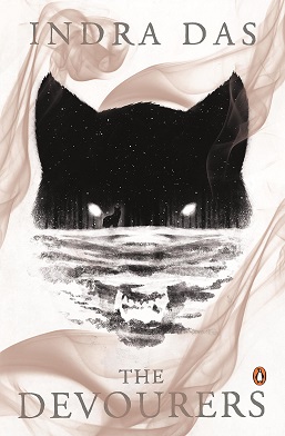 A stark black-and-white book cover featuring the silhouette of a wolf’s head, its face formed from swirling smoke. Within the silhouette, a snowy landscape appears: a dark figure stands alone on a hill, framed by dim lights in the background. Soft brown smoke curls around the edges of the image. The title “The Devourers” is centered below, with the author’s name above.