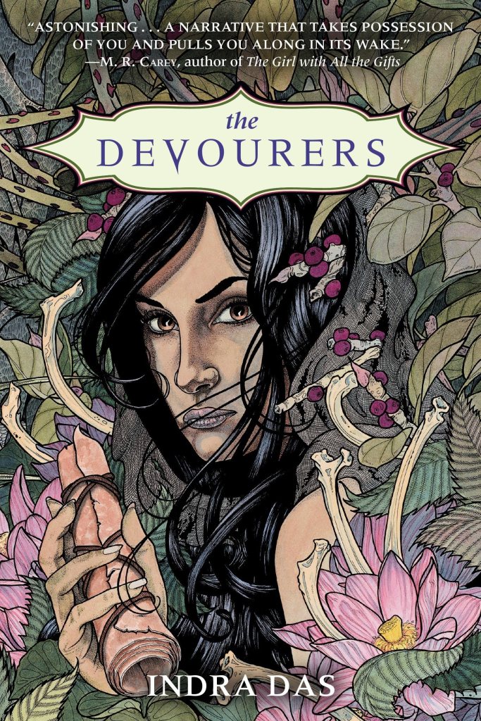 An illustrated book cover filled with dense, tangled foliage, bones, and flowers. At the center is a dark-haired person with intense eyes, staring directly outward. Their hair blends into the surrounding vines and berries. One hand holds a rolled piece of parchment or leather. Pink lotus flowers and curved rib bones frame the figure. At the top, a banner reads “The Devourers.” The overall style is intricate, detailed, and mythic.