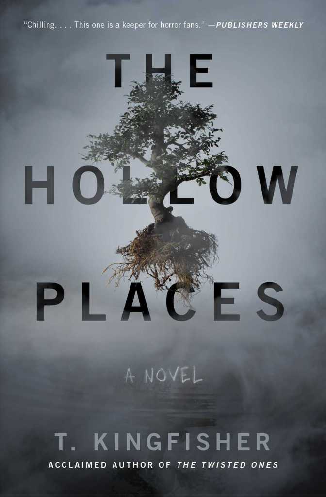 Book cover of The Hollow Places by T. Kingfisher. The design shows a small tree suspended in midair, its roots exposed and dangling above a foggy, grey landscape. The mist gives an impression of emptiness and isolation. The title “The Hollow Places” is written in large, semi-transparent black letters across the center, partially obscured by the fog. Above, a review quote reads, “Chilling... This one is a keeper for horror fans.” — Publishers Weekly. Below the title, it says “A Novel” and “T. Kingfisher, acclaimed author of The Twisted Ones.”