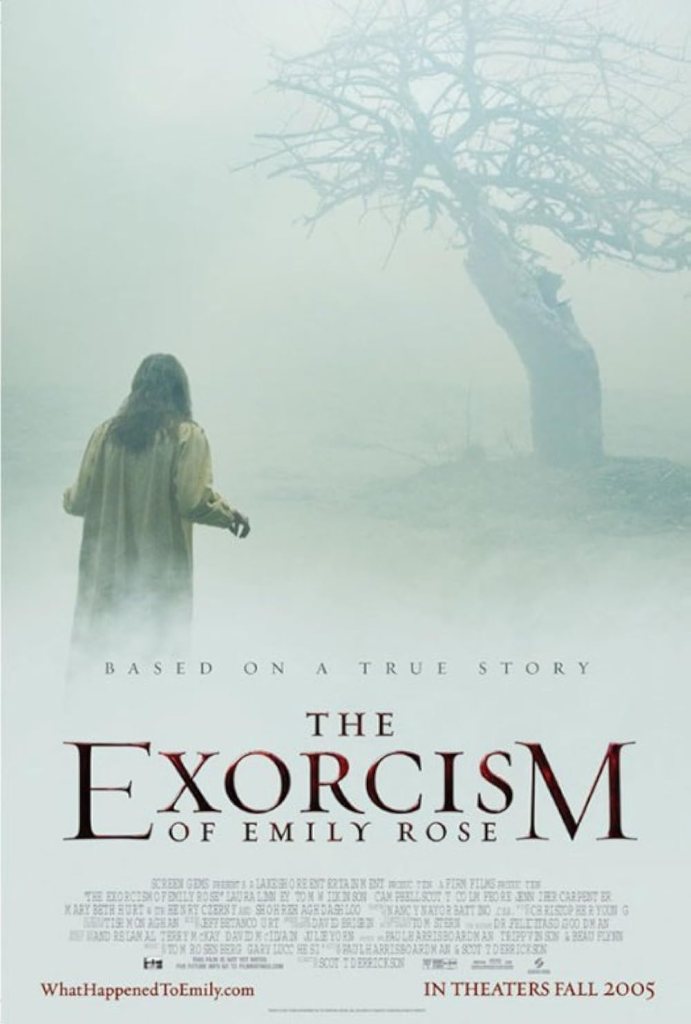 Teaser poster for The Exorcism of Emily Rose. A lone woman in a long nightgown stands with her back to the viewer in a dense white fog. To her right, a barren, contorted tree rises from the mist. The scene feels quiet and eerie. Text at the bottom reads “Based on a true story” and the film title in large red and black letters.