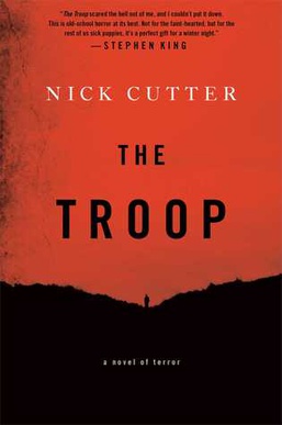 Book cover for The Troop by Nick Cutter. The background is a red-orange sky fading to black at the bottom. A small human silhouette stands alone on a ridge in the foreground. The title ‘The Troop’ appears in large black capital letters near the top, with the author’s name above it. The design is stark and unsettling.