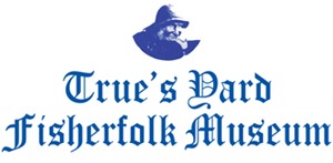 Logo for True’s Yard Fisherfolk Museum. The text is in dark blue, decorative lettering. Above the words is a simple illustration of a fisherman wearing a wide-brimmed hat, shown in silhouette.
