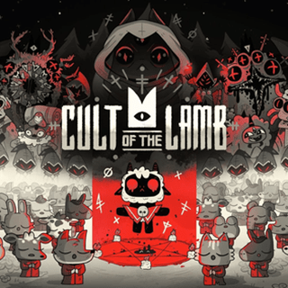 A stylised, cartoon-like illustration featuring a small lamb with red eyes standing at the centre of a ritual circle. The lamb wears a red cloak and holds a dagger, while rows of animal followers with glowing eyes kneel around it. Dark, hooded figures loom in the background, and occult symbols float in the air. The colour palette is dominated by red, black, and grey, blending cute character design with overtly sinister imagery.