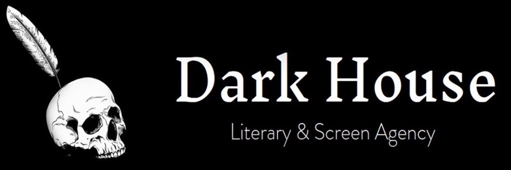 Logo of Dark House Literary & Screen Agency featuring a skull and a quill on a black background.